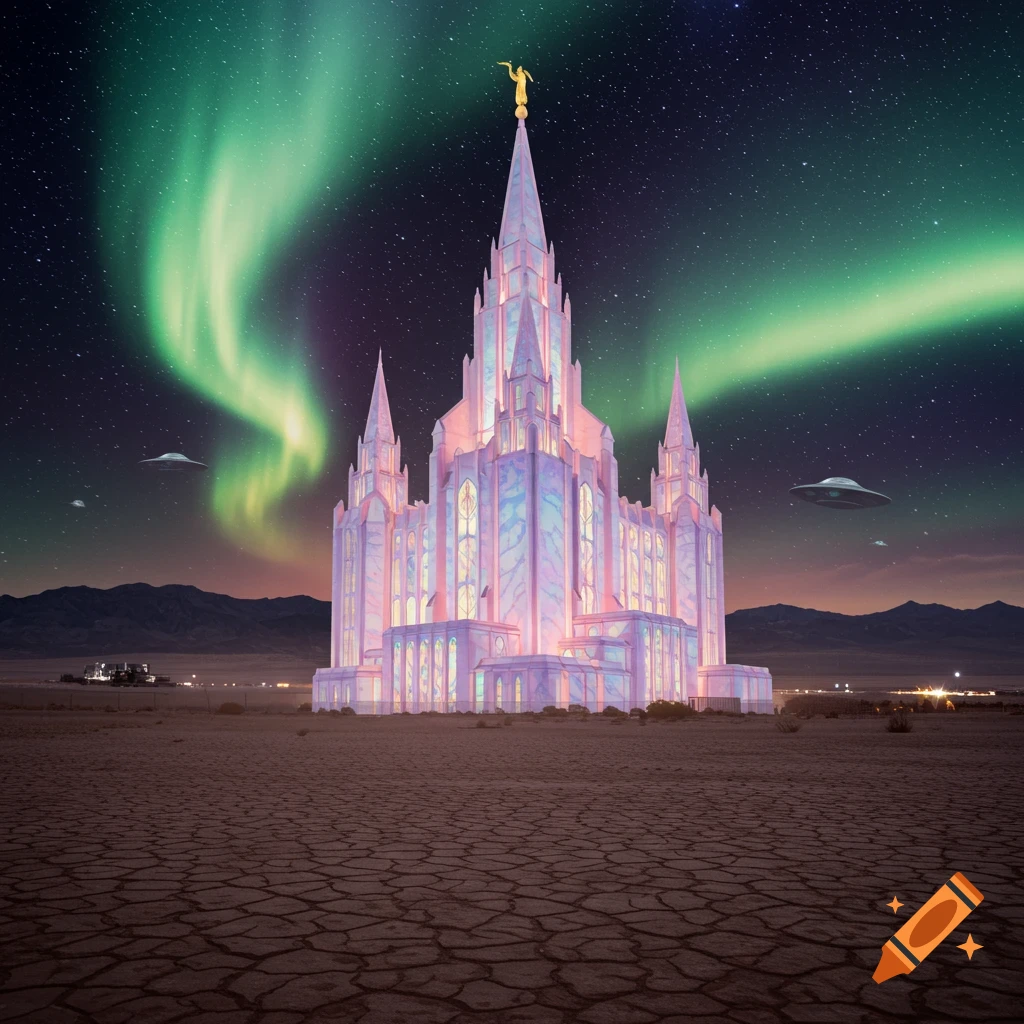 A grand, iridescent temple stands in a cracked desert under a starry sky with green aurora and two hovering UFOs.