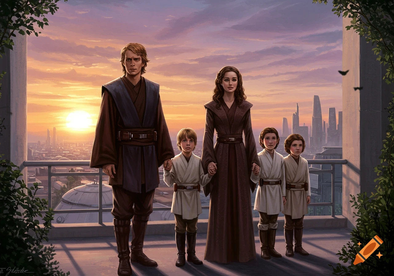 Anakin Skywalker and Padm Amidala stand with young Luke and Leia on a balcony overlooking a futuristic city at sunset, digital painting.