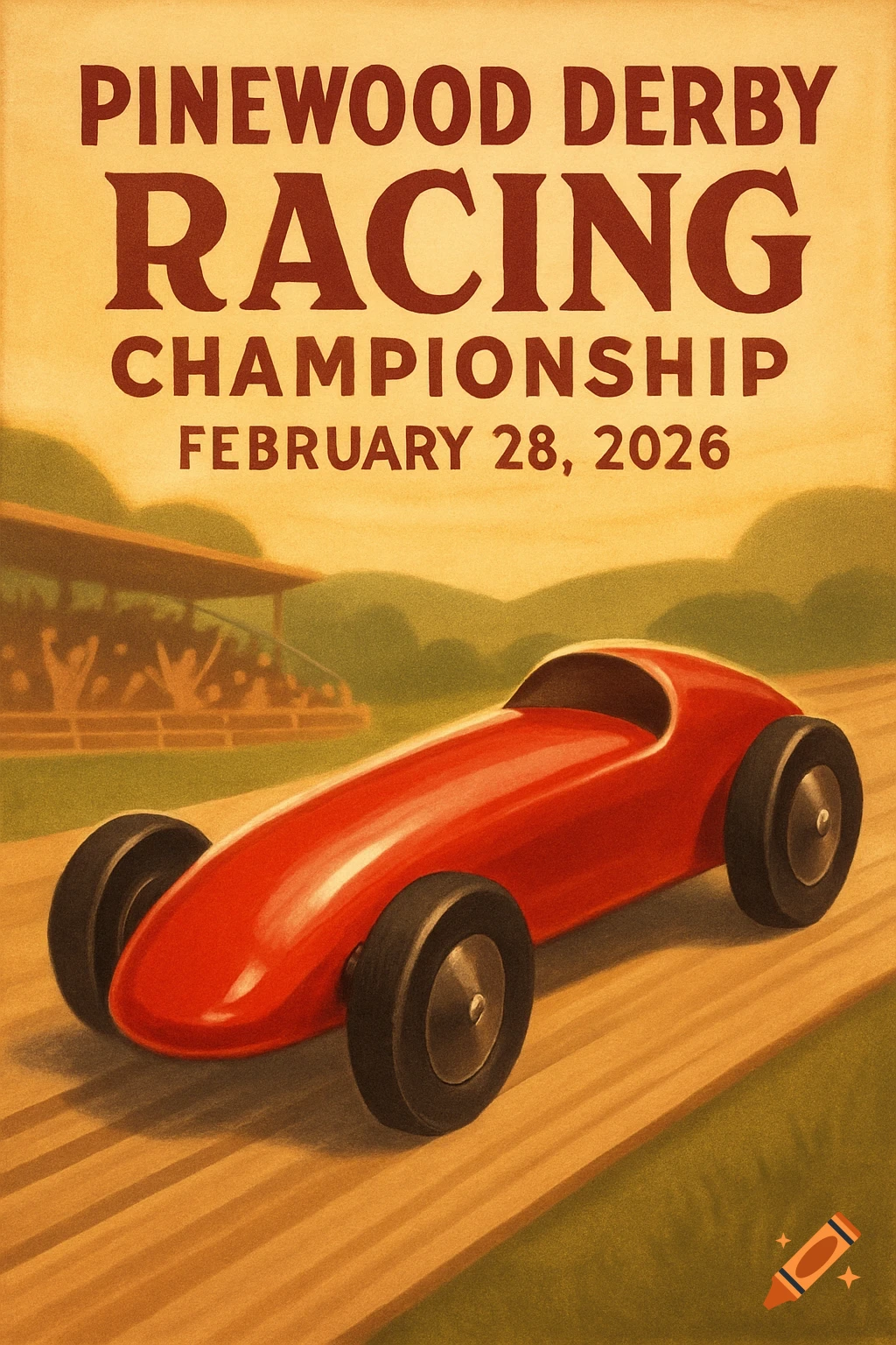A vintage-style poster for a Pinewood Derby Racing Championship on February 28, 2026, featuring a red race car.
