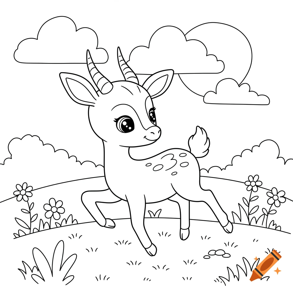 A cute cartoon antelope for a coloring book, standing in a field with clouds and flowers.
