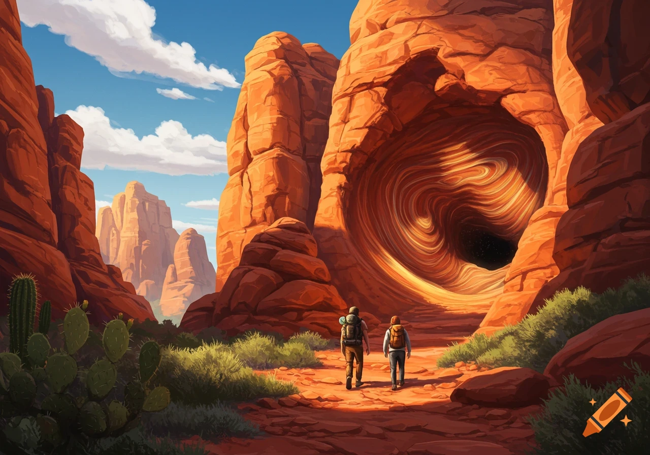 Two hikers with backpacks walk on a desert path towards a swirling, stylized cave entrance within a red rock canyon, under a bright blue sky.