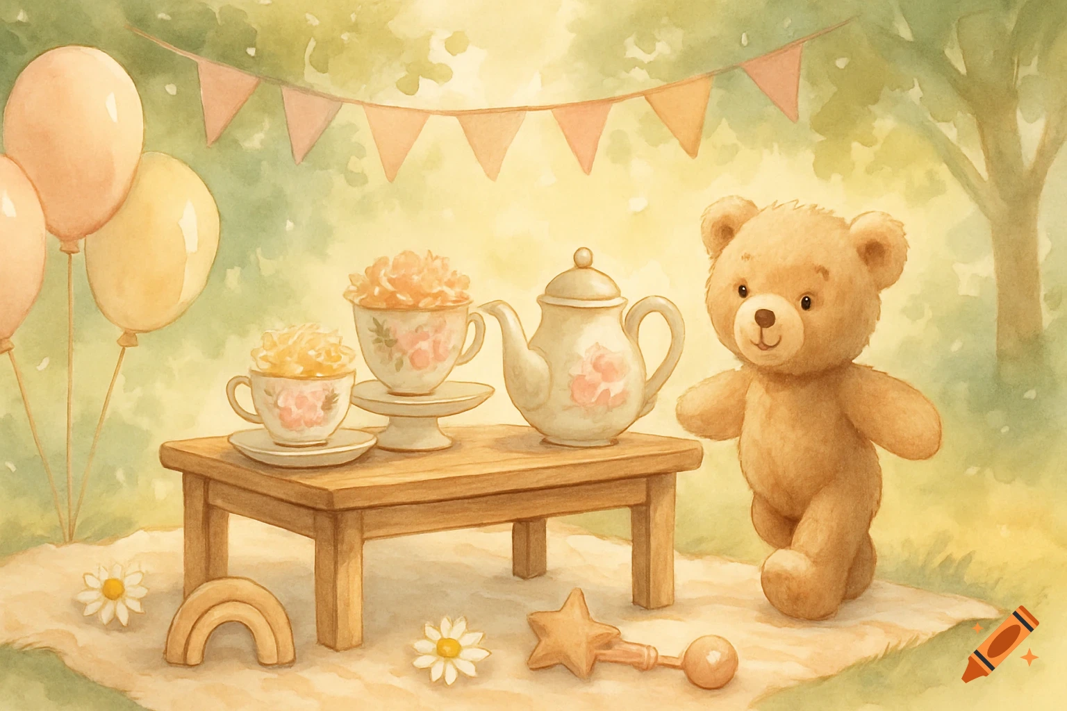 Watercolor illustration of a teddy bear tea party with balloons, a teapot, teacups, and baby toys on a blanket outdoors.