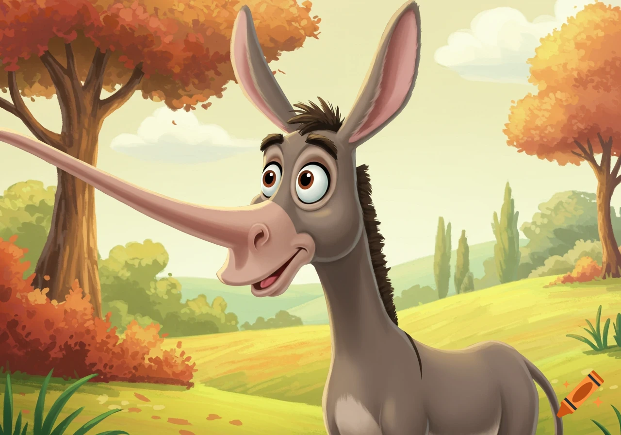 A cartoon donkey with a very long Pinocchio-like nose stands in a colorful, bright landscape.