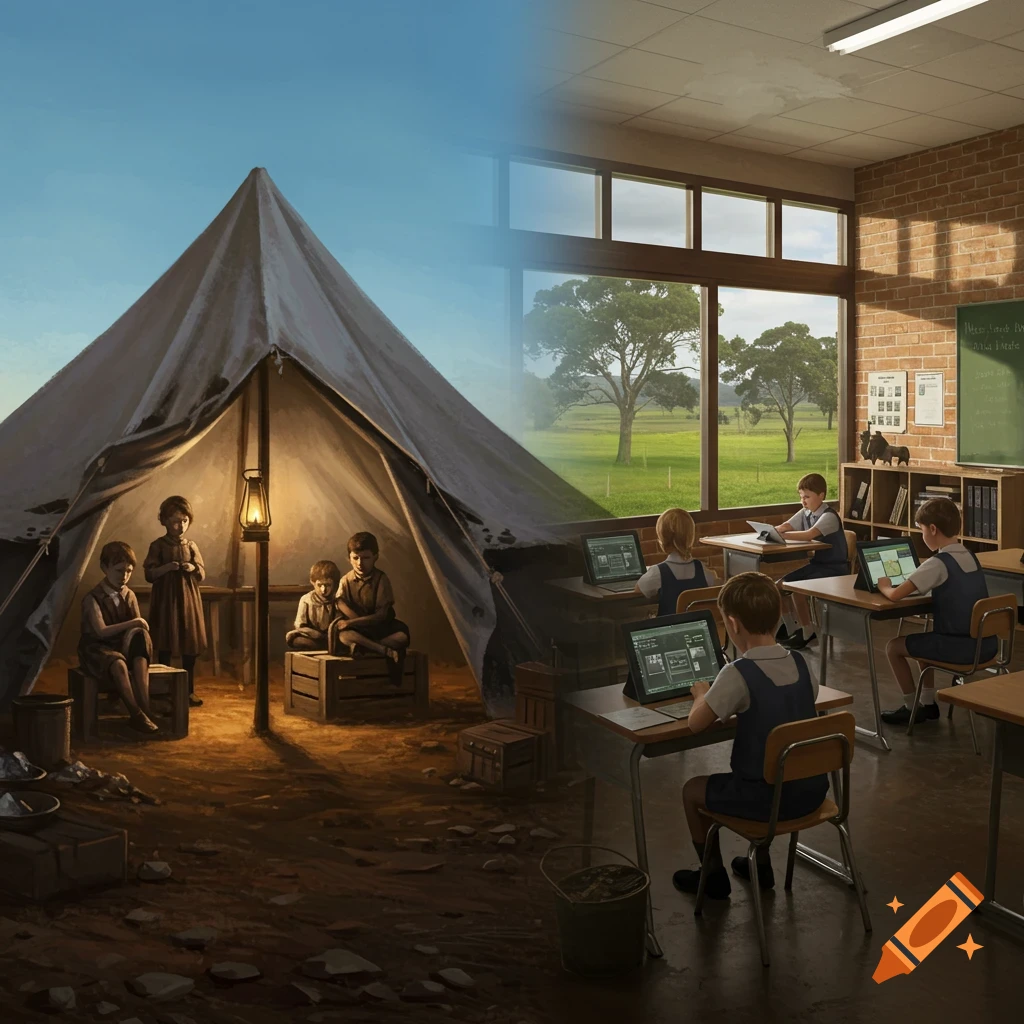 Split image showing a historical tent classroom with children and a lantern on the left, and a modern classroom with children using laptops on the right, overlooking green fields.