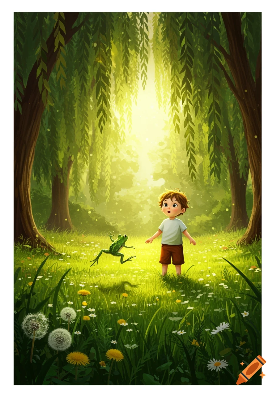 A whimsical illustration of a young boy in a magical forest clearing, looking at a frog jumping in front of him among wildflowers.