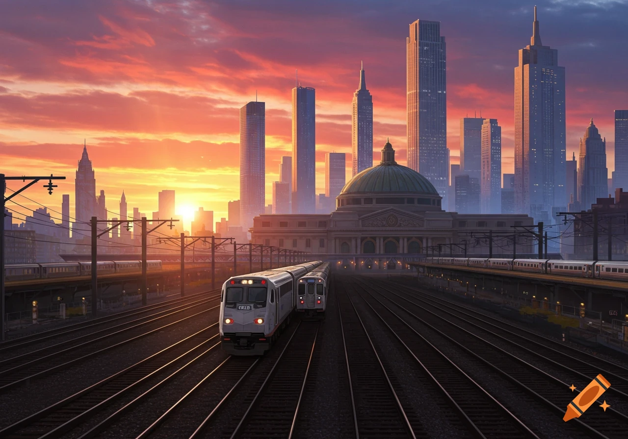 Trains at a large station with a domed building and skyscrapers during a vibrant sunrise.