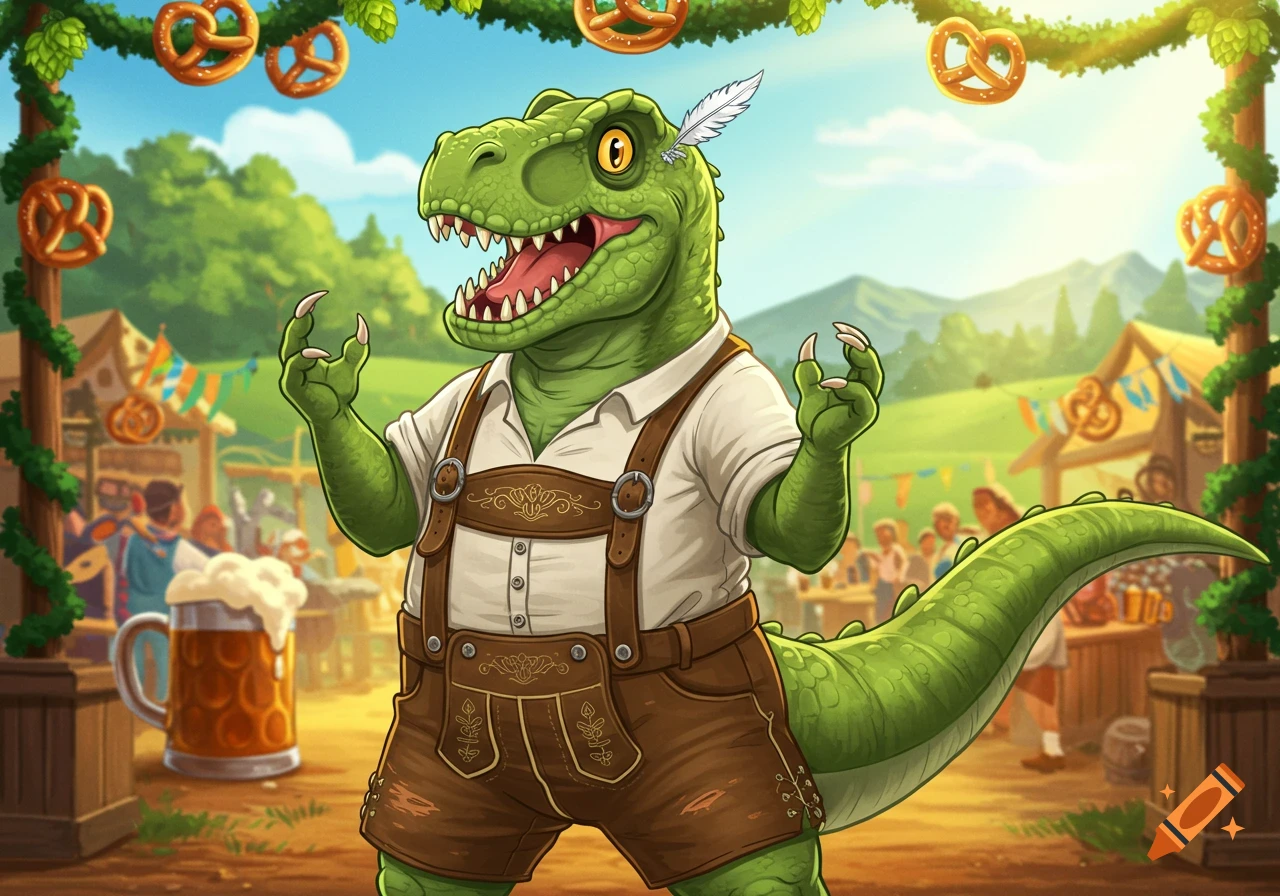 Cartoon green T-Rex in Lederhosen with a feather, at an outdoor festival with pretzels and a beer.