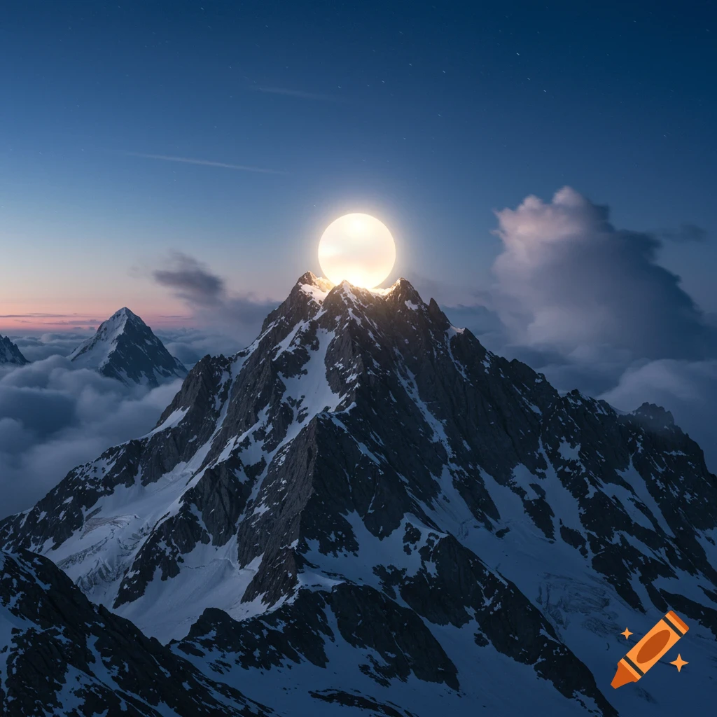 Photorealistic night scene of a glowing white orb rising over a snow-capped mountain peak, with stars and clouds.