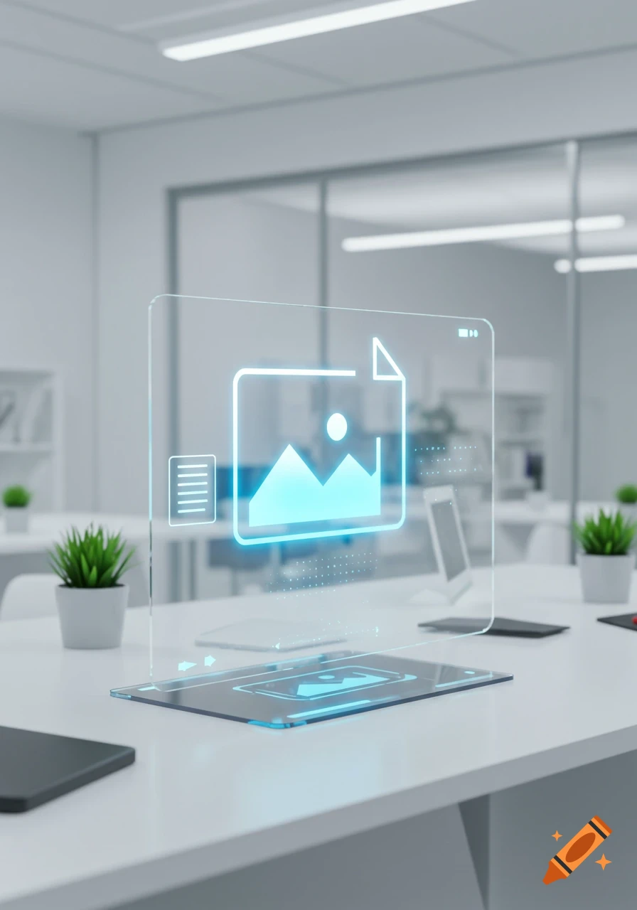 A futuristic holographic display showing image and document icons, on a white desk in a modern office.