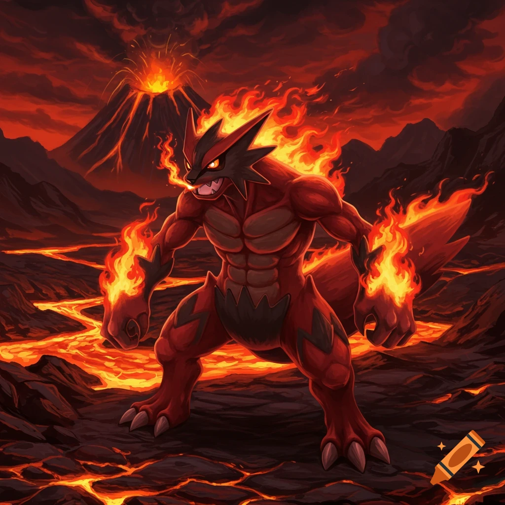 A fierce, red, fire-covered monster with sharp features stands in a fiery volcanic landscape with an erupting volcano.