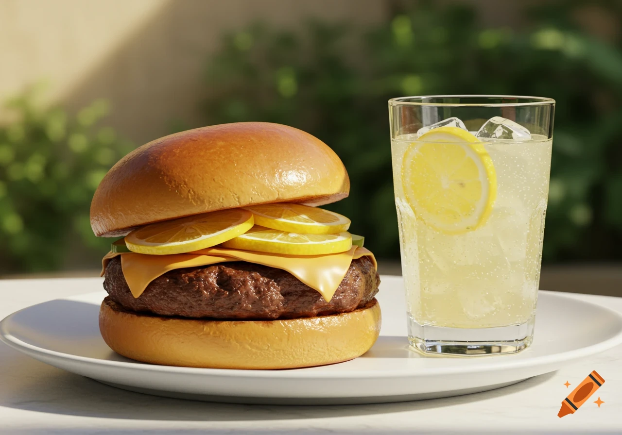 A photorealistic burger with lemon slices on a white plate next to a glass of lemonade with a lemon slice.