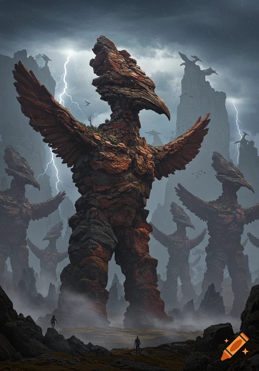 Giant rock bird-monsters stand tall in a stormy, misty landscape with lightning, dwarfing two small human figures. Photorealistic fantasy.