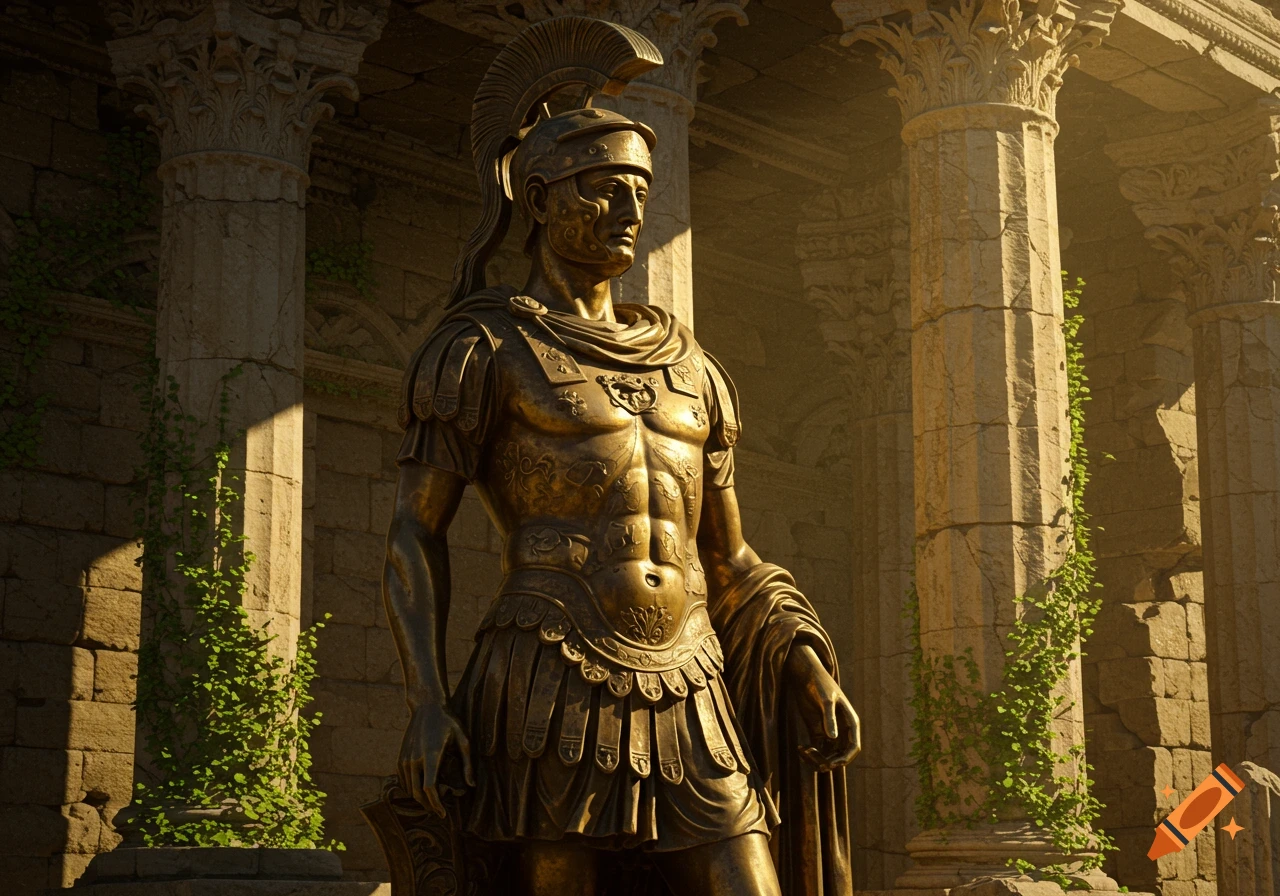 Photorealistic bronze statue of a Roman soldier in ornate armor, standing among ancient ruined columns with ivy.