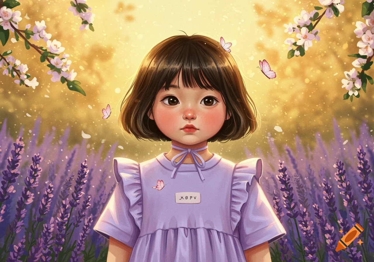A cute, short-haired Korean girl in a purple ruffled dress stands in a vibrant lavender field with cherry blossoms and butterflies.