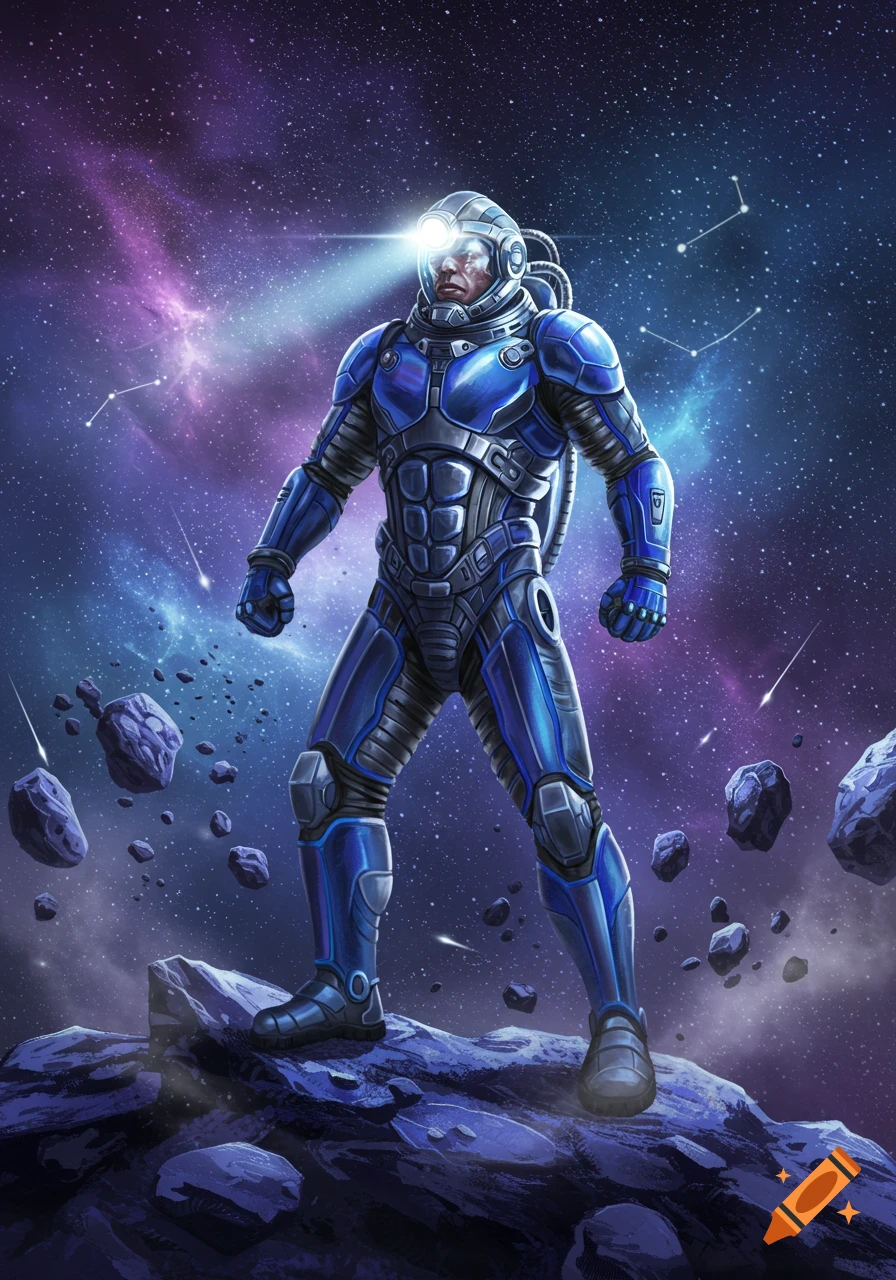 A detailed illustration of a space miner in a blue and grey suit standing on a rocky asteroid with a starry nebula background.