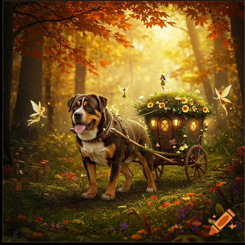 A Bernese Mountain Dog pulls a flower-covered fairy cart in a magical autumn forest, surrounded by glowing fairies.