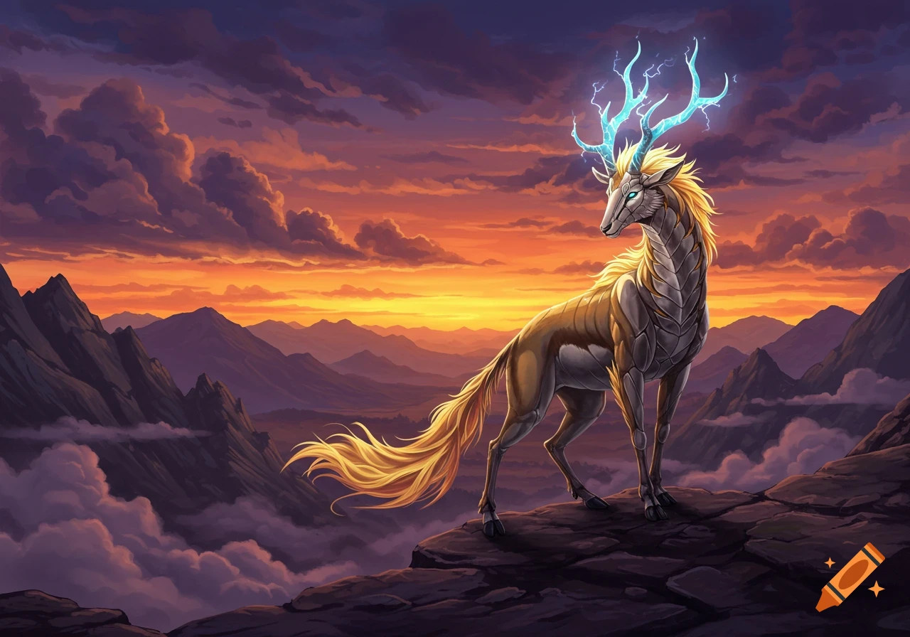 A majestic fantasy creature with glowing blue antlers and a golden mane stands on a rocky cliff overlooking a mountain range at sunset, digital art.