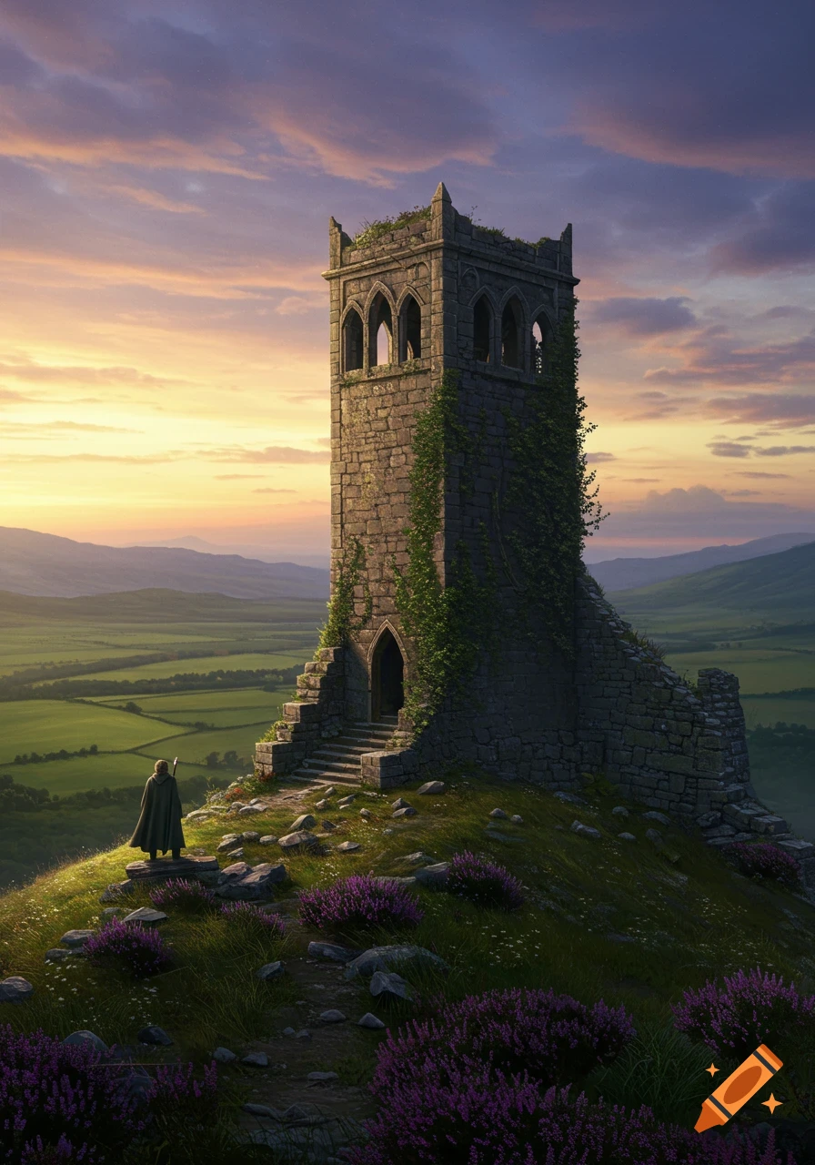 A lone figure views a ruined stone tower on a hill with purple flowers, overlooking a vast green landscape at sunset.