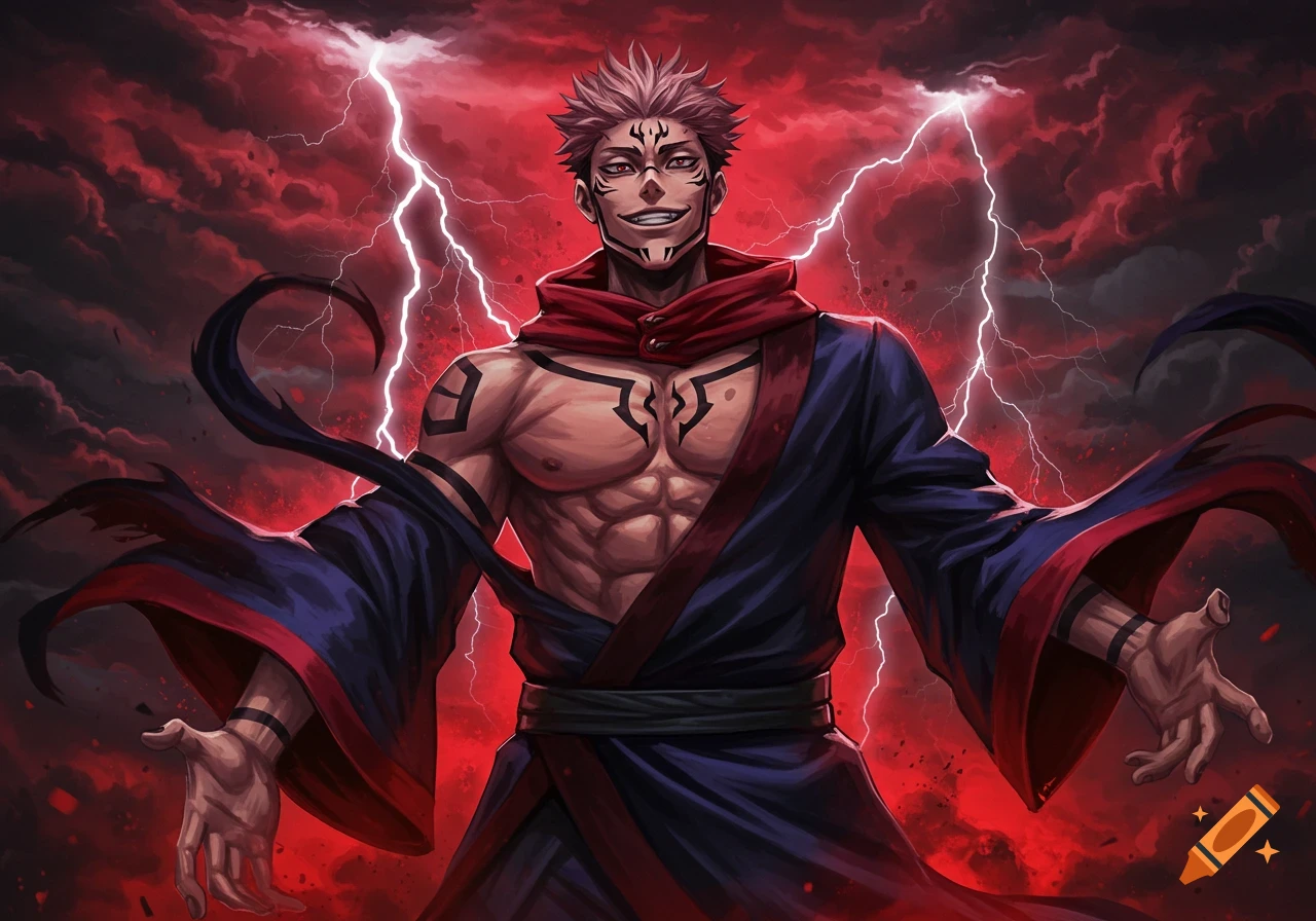 Muscular anime character Sukuna with tattoos and red-tipped hair stands against a dramatic red cloudy sky with lightning.