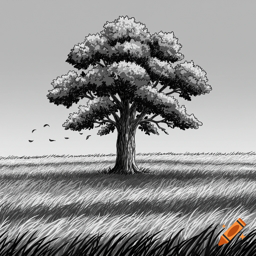 A black and white, Studio Ghibli-style illustration of a large oak tree in a windy field of long grass with falling leaves.