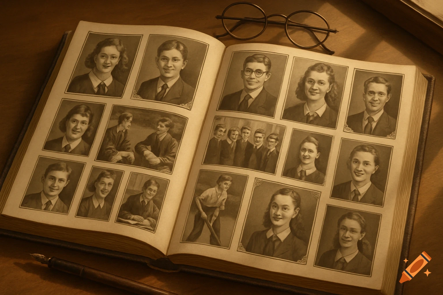 An open, sepia-toned vintage yearbook displaying numerous student portraits. A pair of round eyeglasses rests on the right page, and a fountain pen is in the foreground.