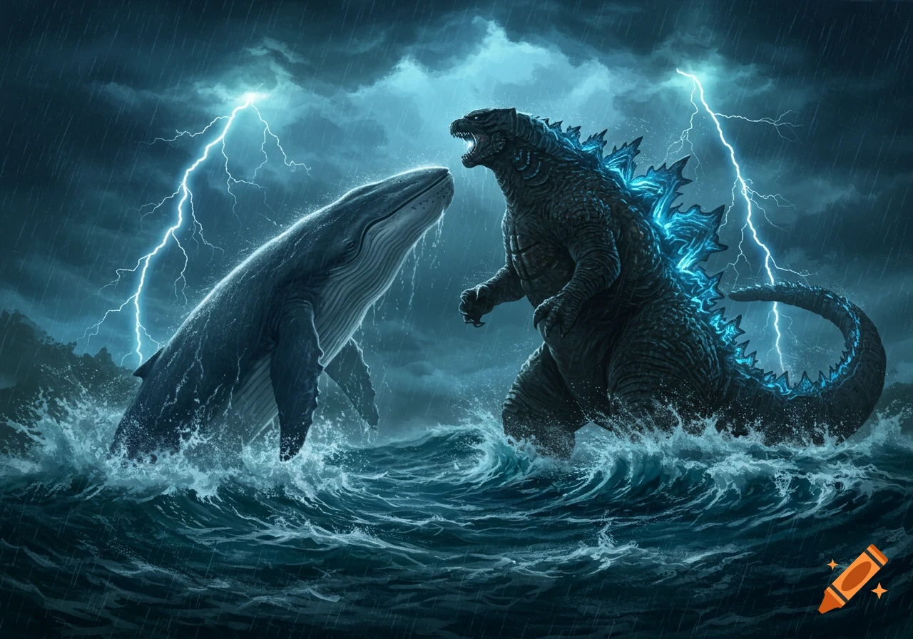 Godzilla and a blue whale clash in a stormy, lightning-filled ocean.