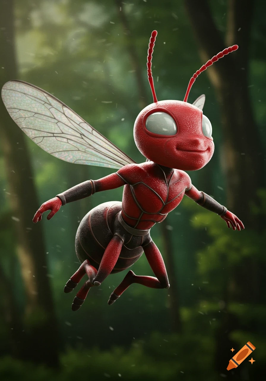 A smiling red and black cartoon ant with large eyes and wings flies through a lush green forest.