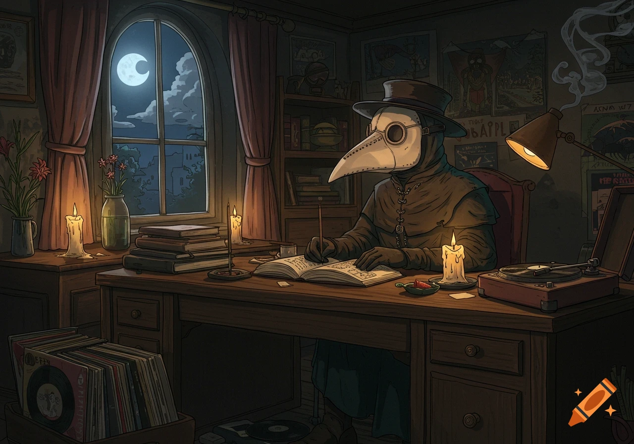 A stylized illustration of a plague doctor in a dark room, writing in a book by candlelight at a wooden desk with a moonlit window and vinyl records.