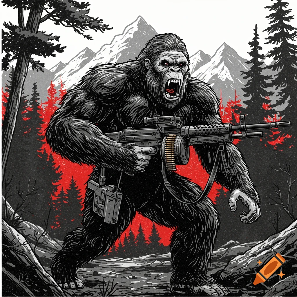 A roaring Bigfoot-like creature with an M60 machine gun charges through a forest with red trees and mountains in a graphic art style.