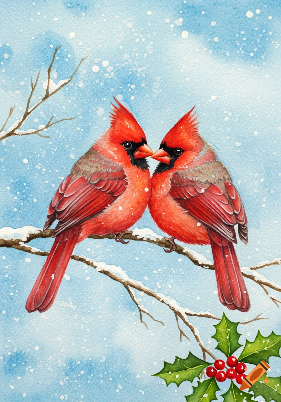 Watercolor painting of two red cardinals cuddling on a snowy branch with holly, against a blue winter sky.