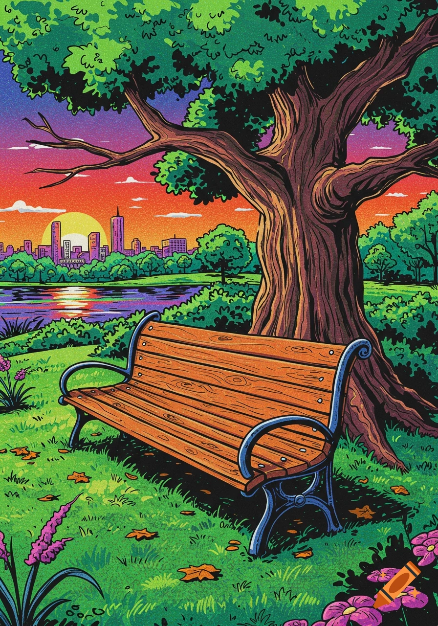 A vibrant comic art illustration of an empty park bench overlooking a lake and city skyline at sunset.