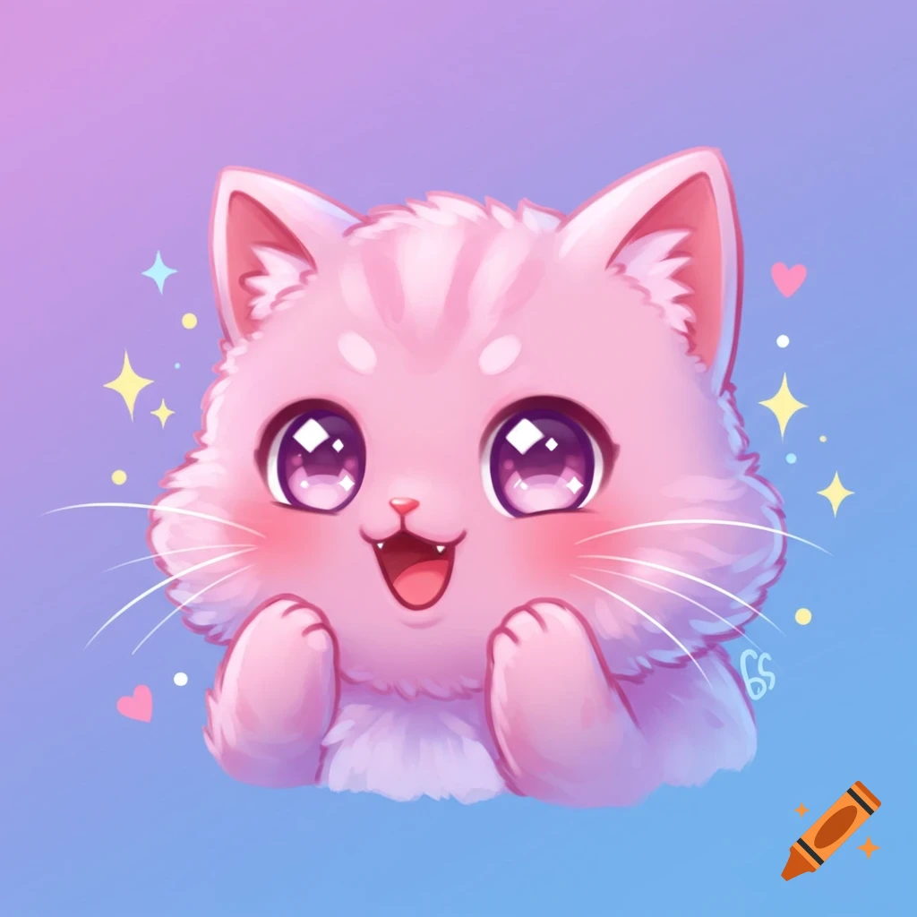 A fluffy pink cartoon cat with big sparkling purple eyes, smiling with its paws raised, surrounded by stars and hearts on a gradient background.