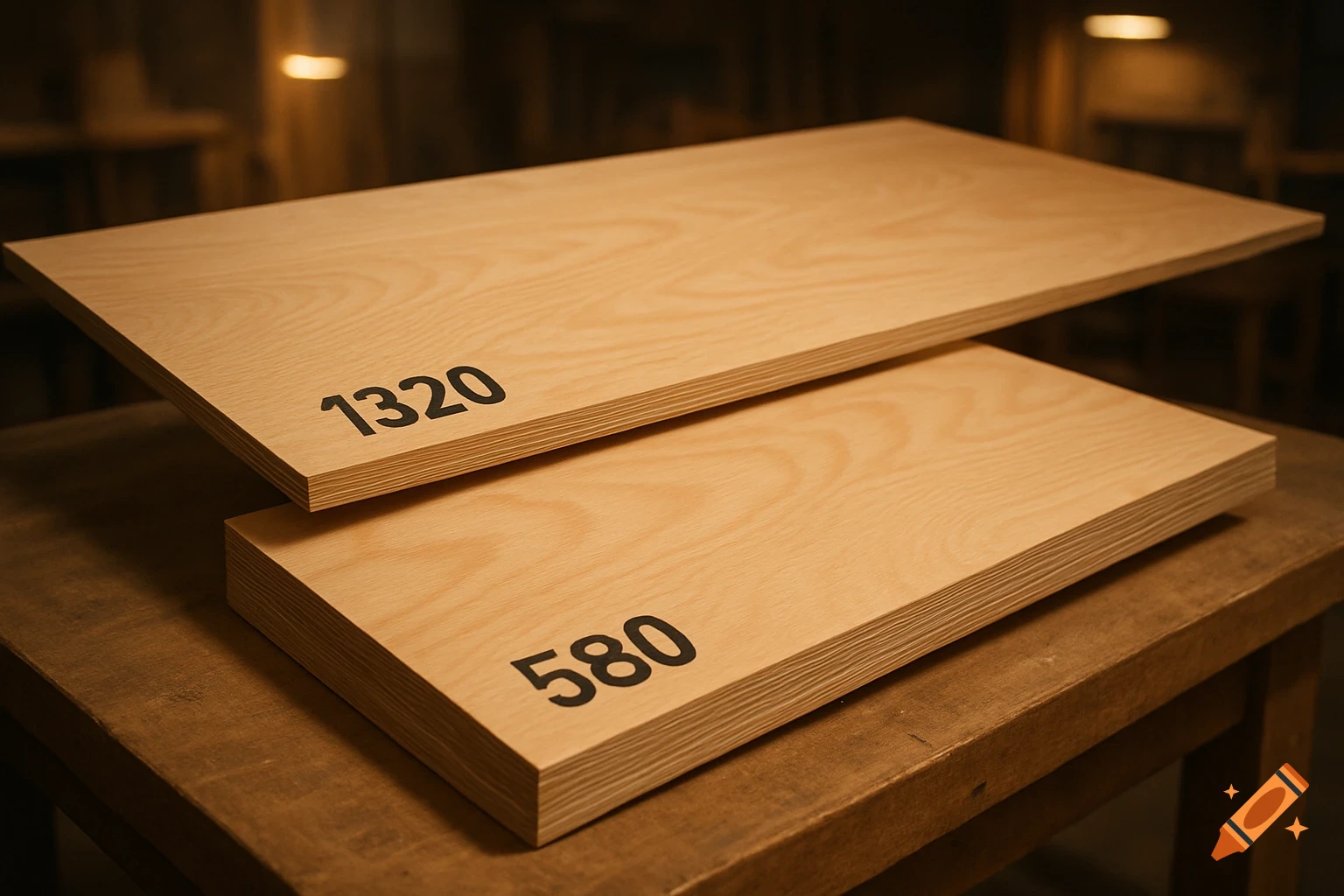 Two light-colored plywood boards, labeled '1320' and '580', stacked on a wooden table in a warm-lit workshop.