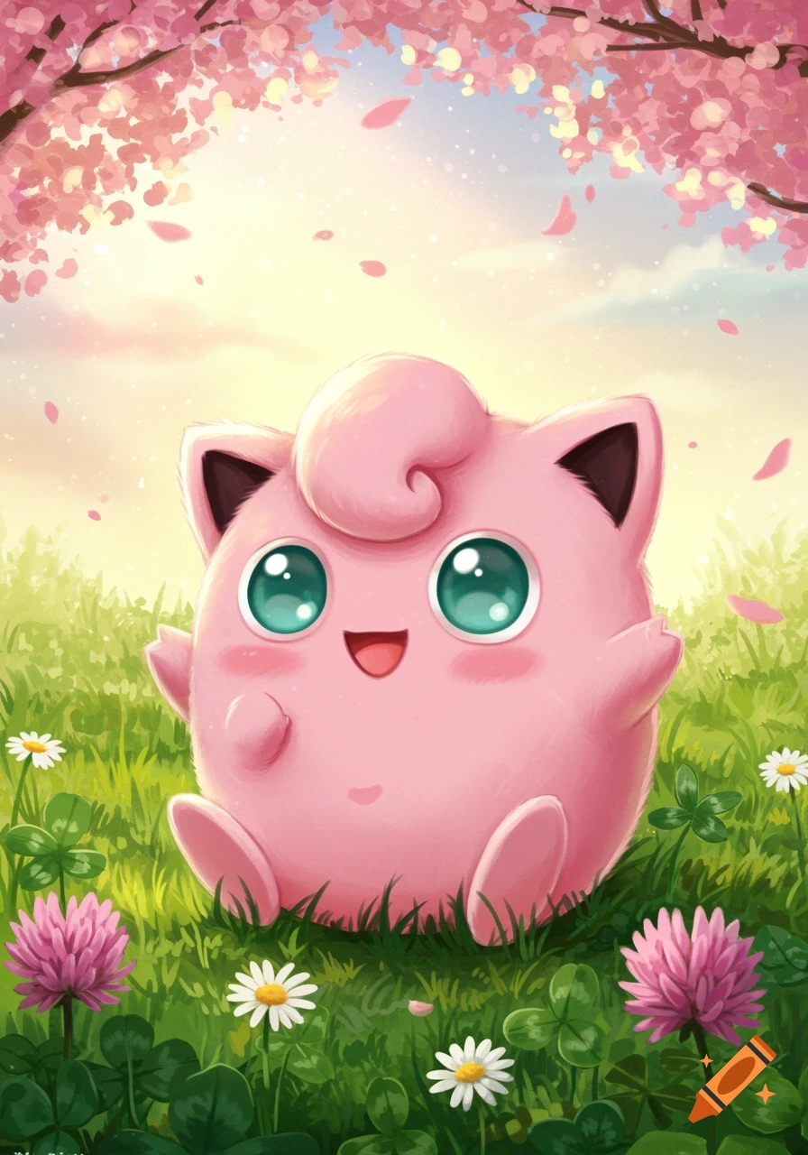 A cute pink Jigglypuff sits in a lush green field with pink clover and white daisies, under a cherry blossom tree with falling petals. Stylized illustration.