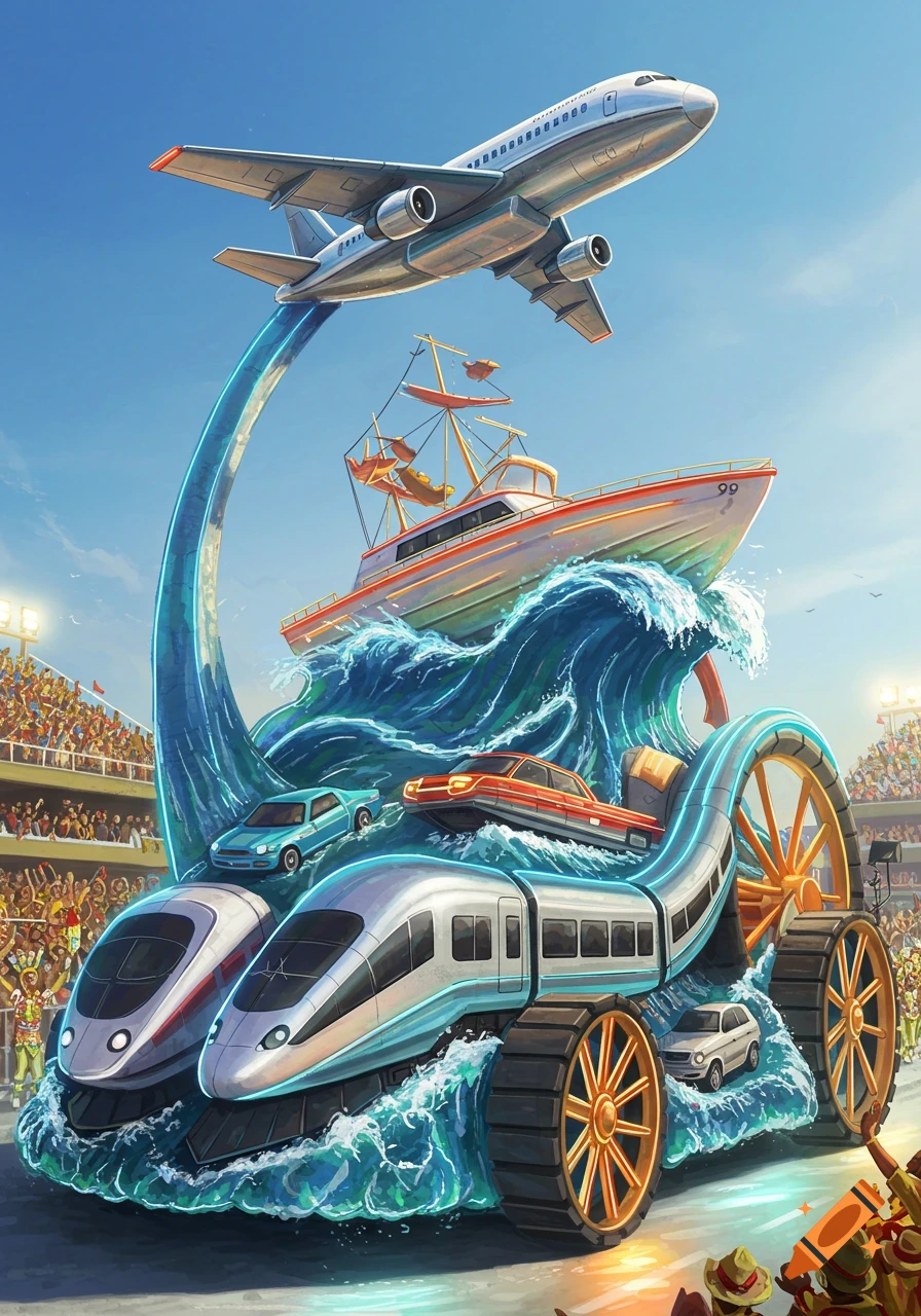 A colorful carnival float featuring a plane, boat on waves, cars, and trains, with a crowd in a stadium, in an illustrative style.