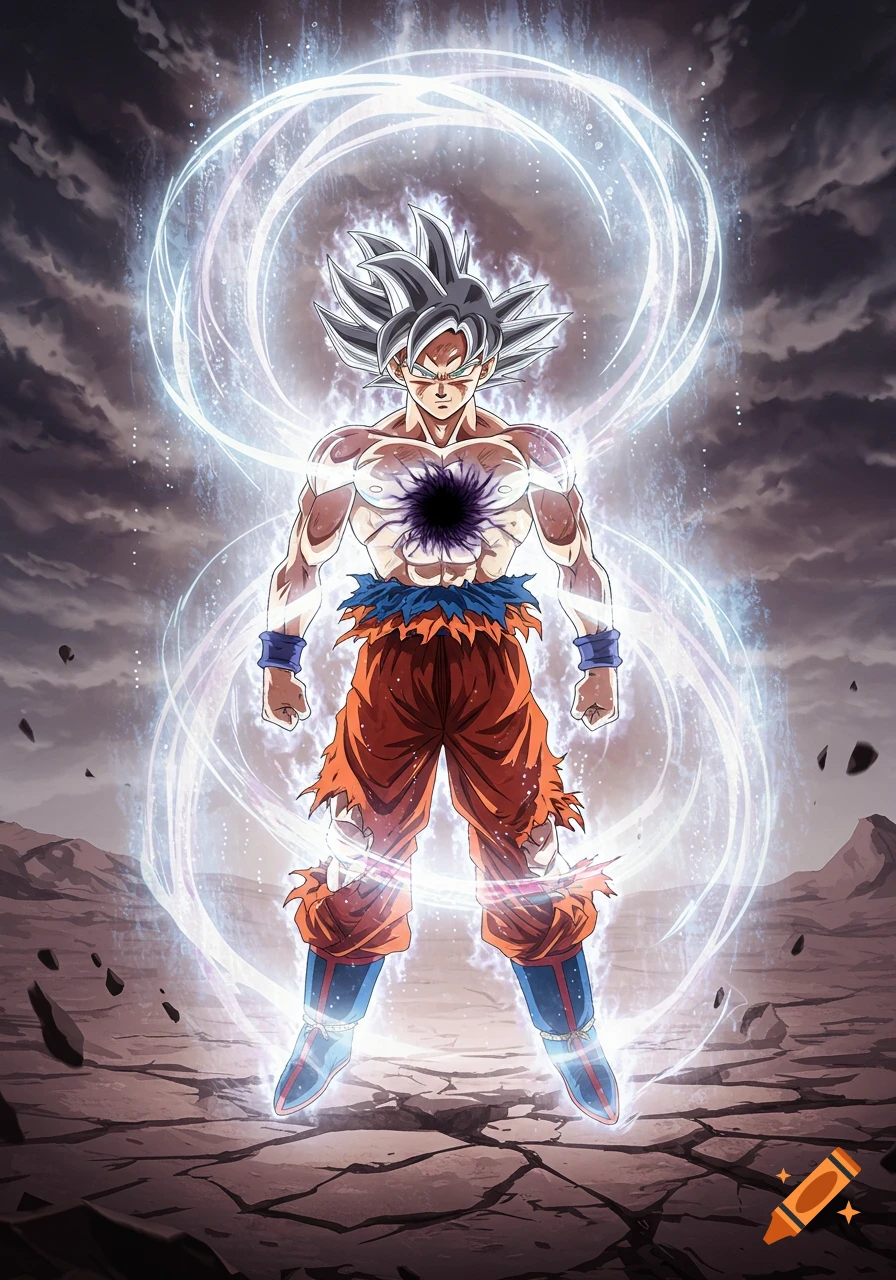 Goku in Ultra Instinct form, silver hair, glowing white aura, black void on chest, standing on cracked earth in anime style.