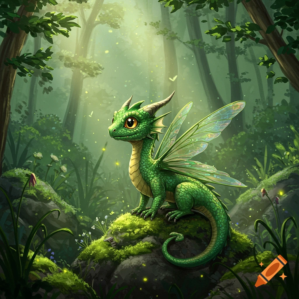 A cute tiny green dragon with transparent fairy wings sits on a mossy rock in a magical forest with glowing particles.