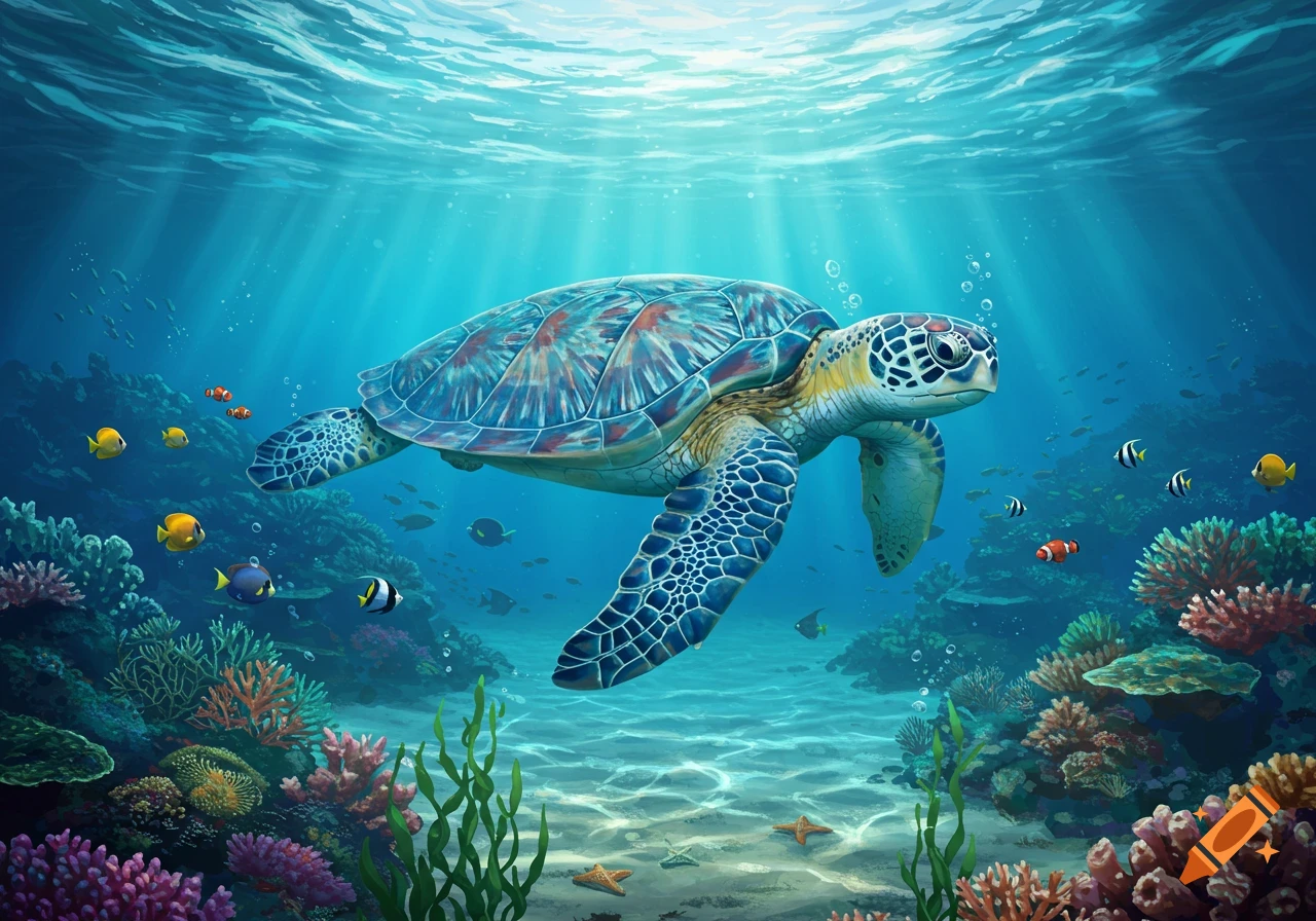 A vibrant blue sea turtle swims in a bright, clear ocean with colorful coral and fish, illustrated.