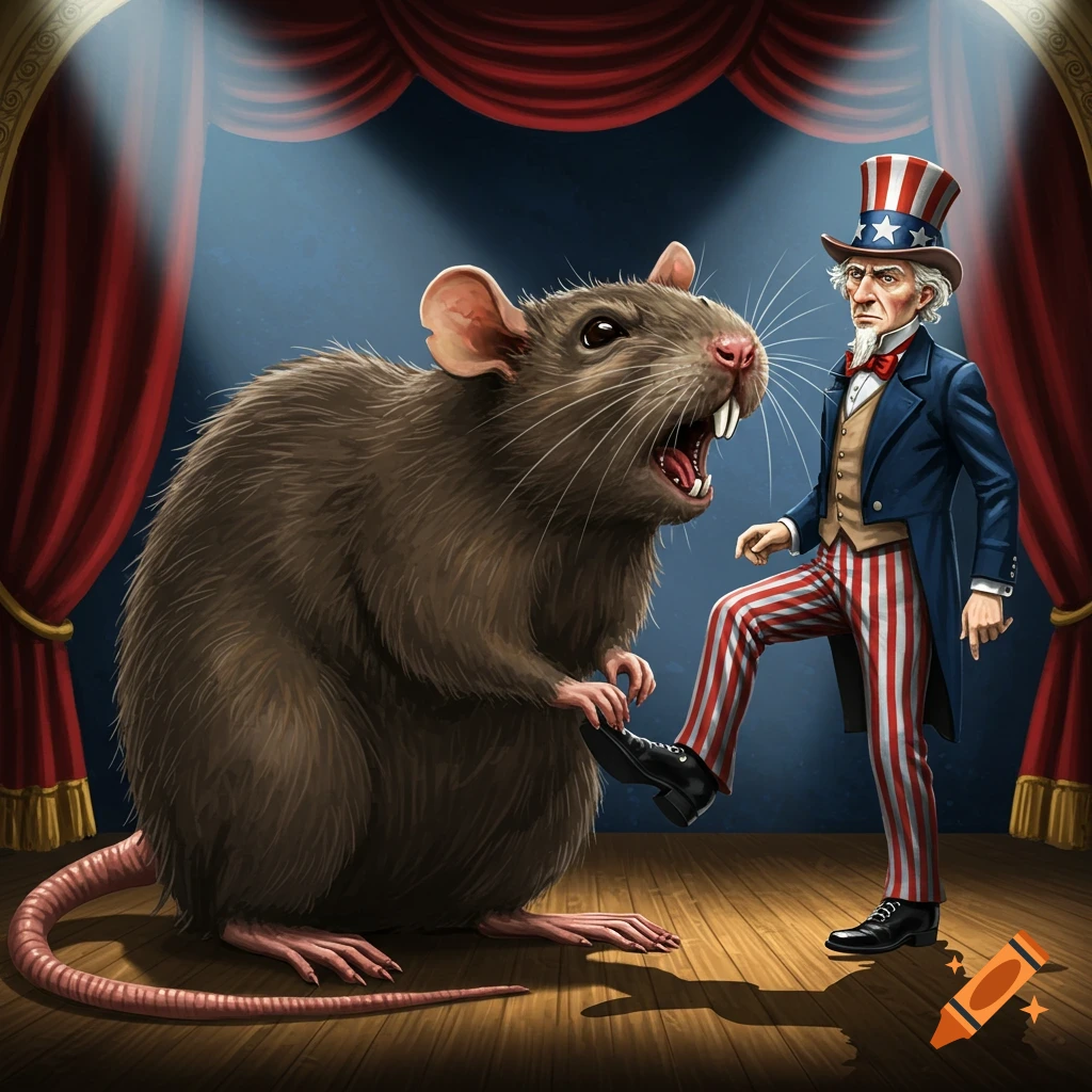 An illustration shows a giant rat on a stage, its mouth open, while Uncle Sam steps on its tail.