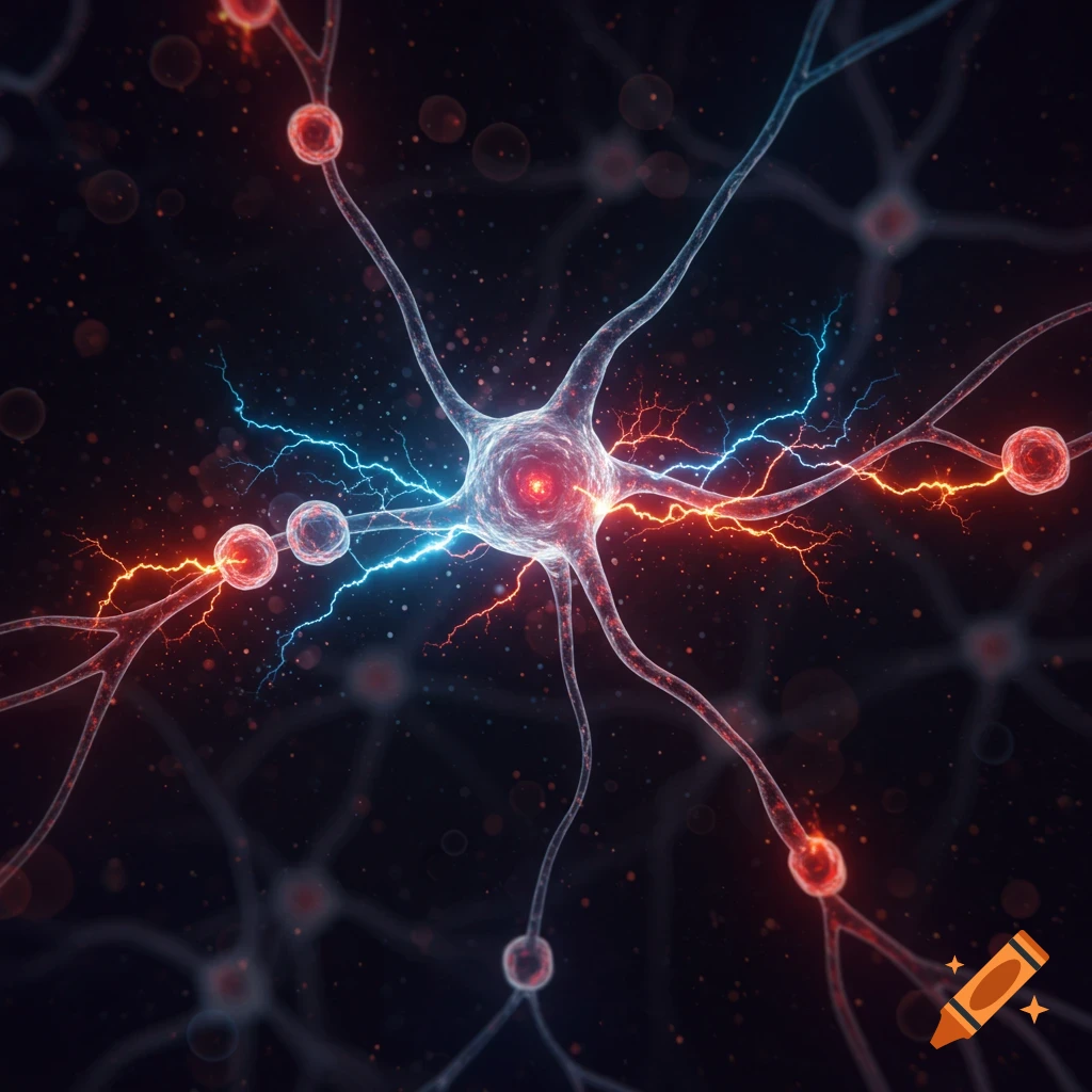Stylized illustration of interconnected neurons with glowing red and blue electrical impulses against a dark, speckled background.