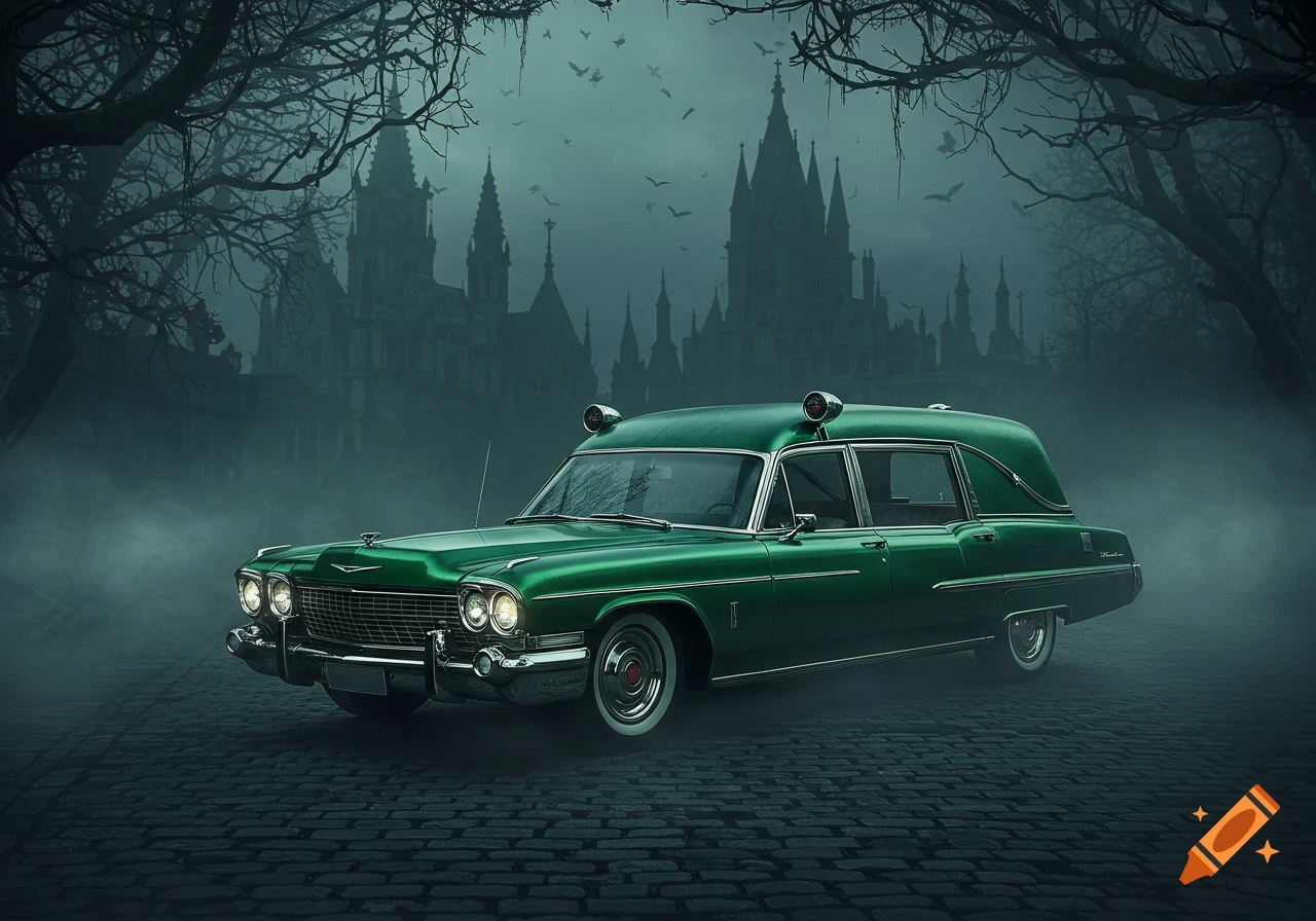 A vintage green hearse on a cobblestone road in front of a spooky gothic castle and bare trees under a dark, misty sky with bats.