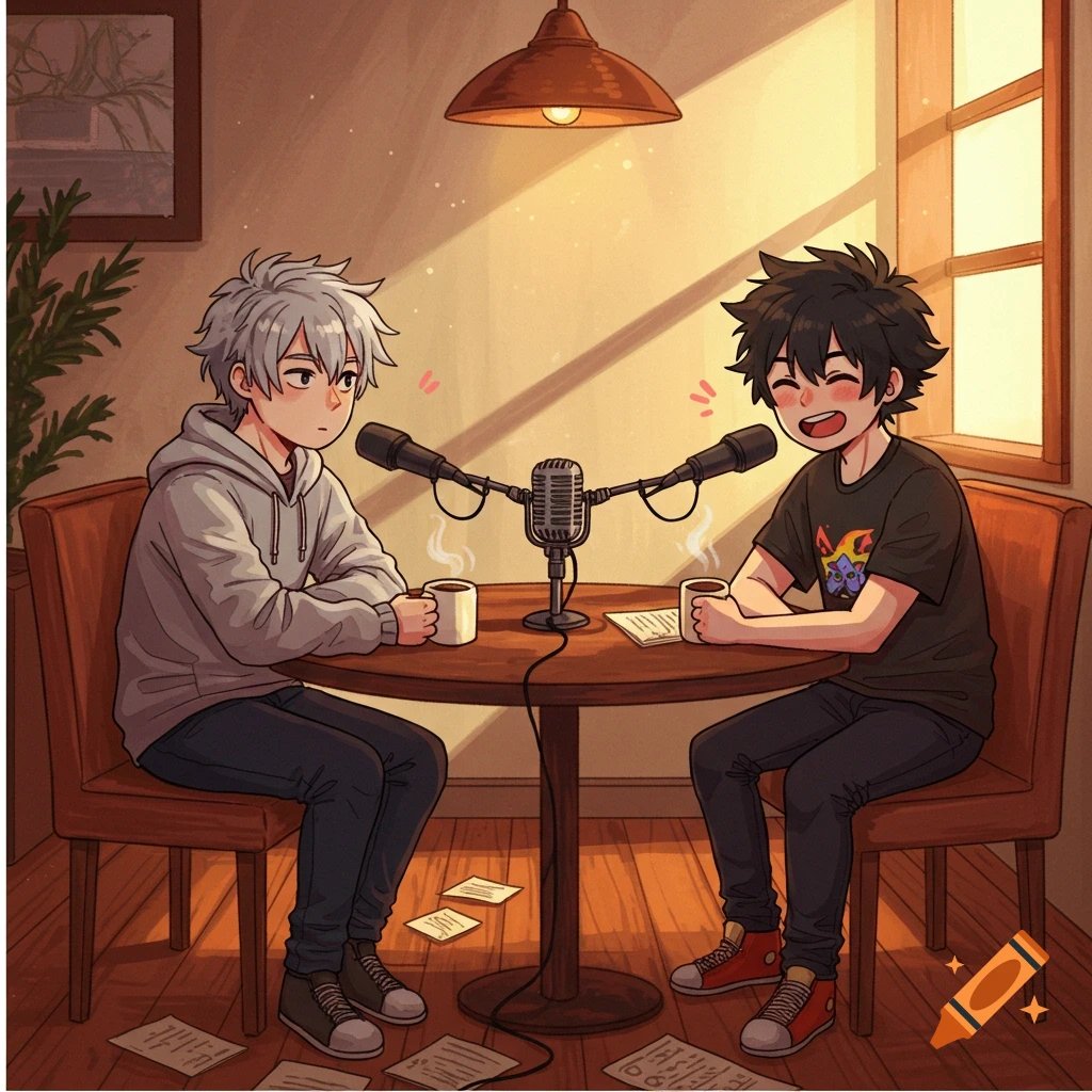 Two anime guys podcasting, sitting at a table with microphones and coffee mugs, surrounded by papers, in a warm, cozy room.