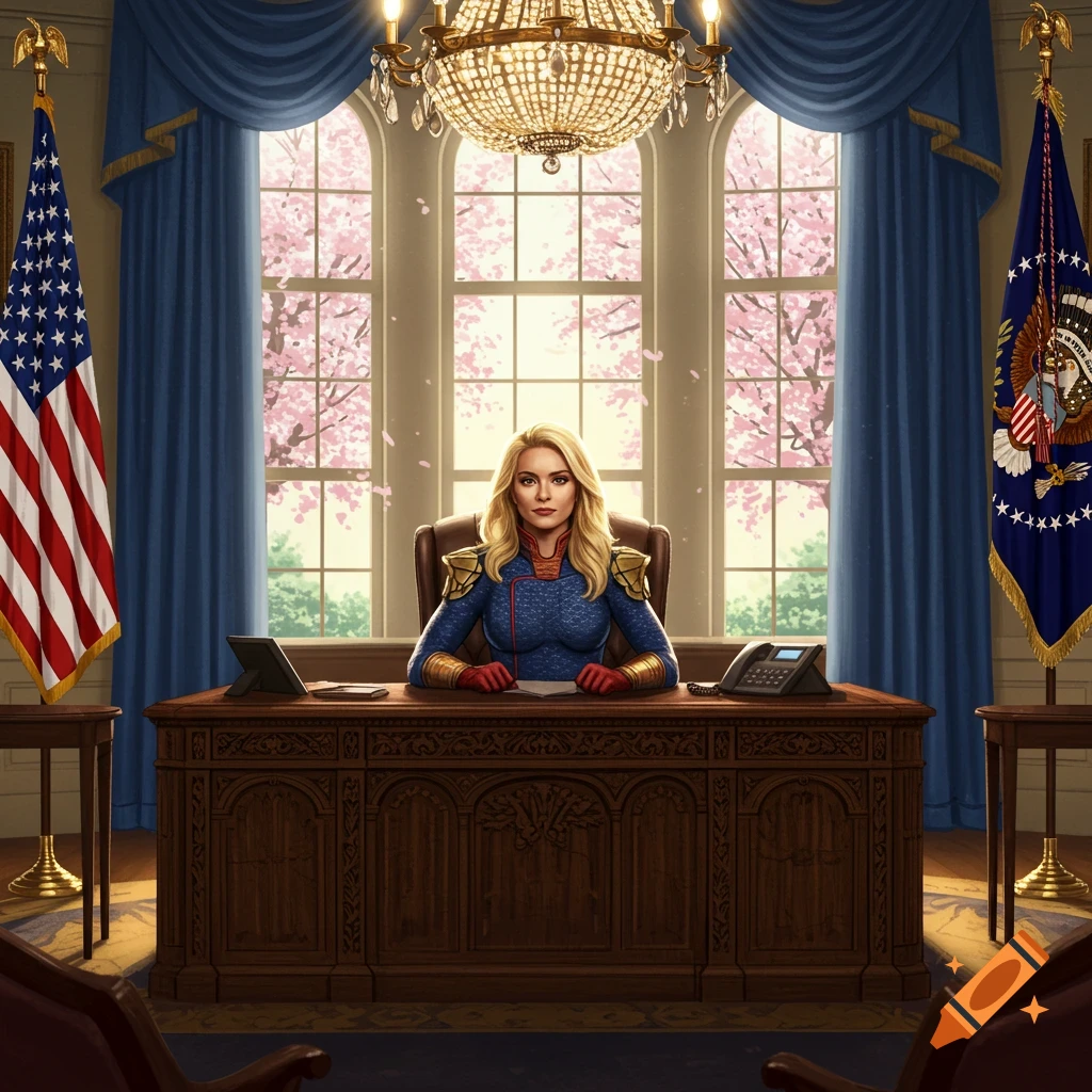 Starlight, a blonde woman in a blue and gold superhero suit, sits at a large desk in a photorealistic Oval Office.