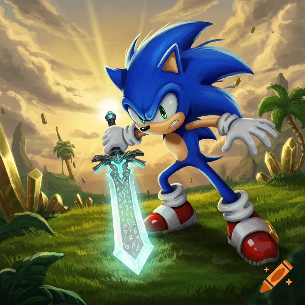 Sonic the Hedgehog holding a glowing fantasy sword in a dynamic pose, set in a vibrant, grassy landscape at sunset, anime style.
