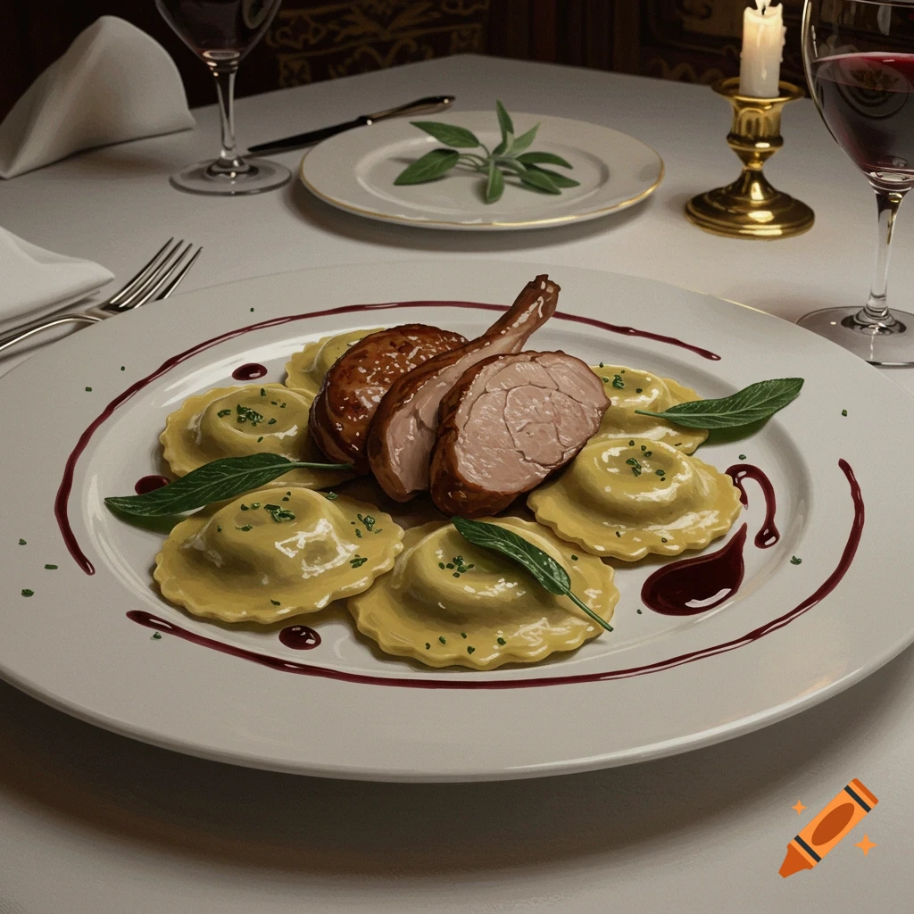 Gourmet plated meal featuring sliced rabbit, ravioli, and a red wine sauce, served on a white tablecloth with a glass of red wine and a lit candle in the background.