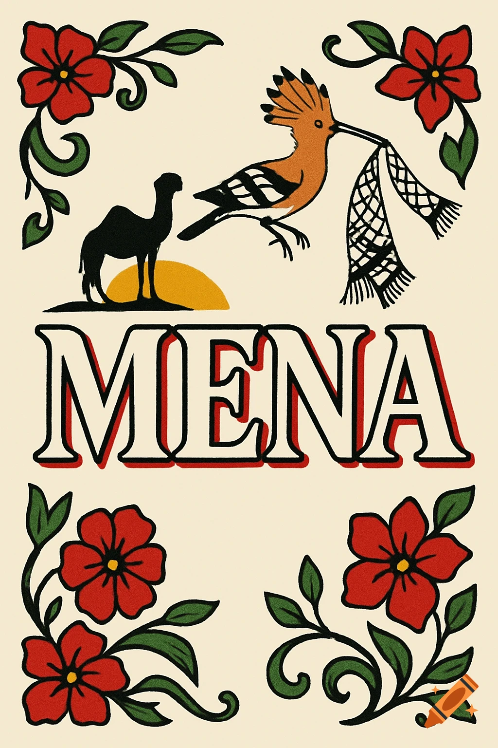 Illustrative poster with 'MENA' text, a black camel silhouette, an orange hoopoe bird holding a patterned scarf, and red flowers with green vines.