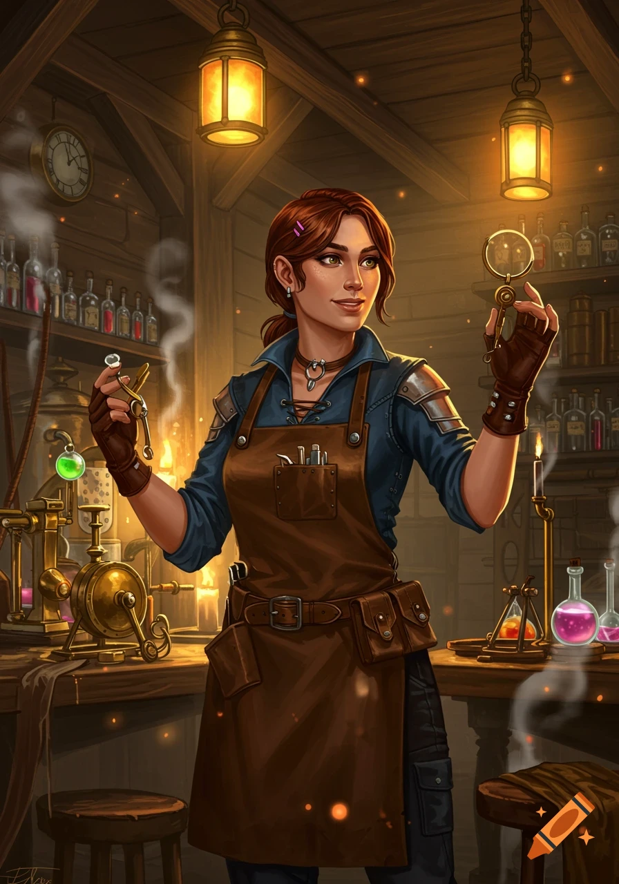 Smiling female artificer in a dimly lit steampunk workshop, holding a magnifying glass and a tool.