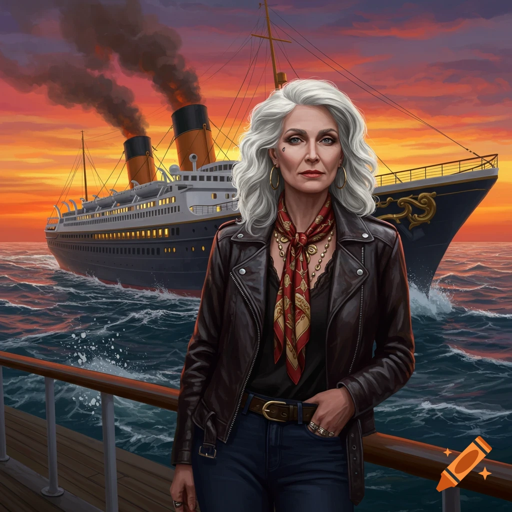 Stylish older woman in a leather jacket and scarf stands on a cruise ship deck at sunset, with a large ship in the background. Illustrative style.