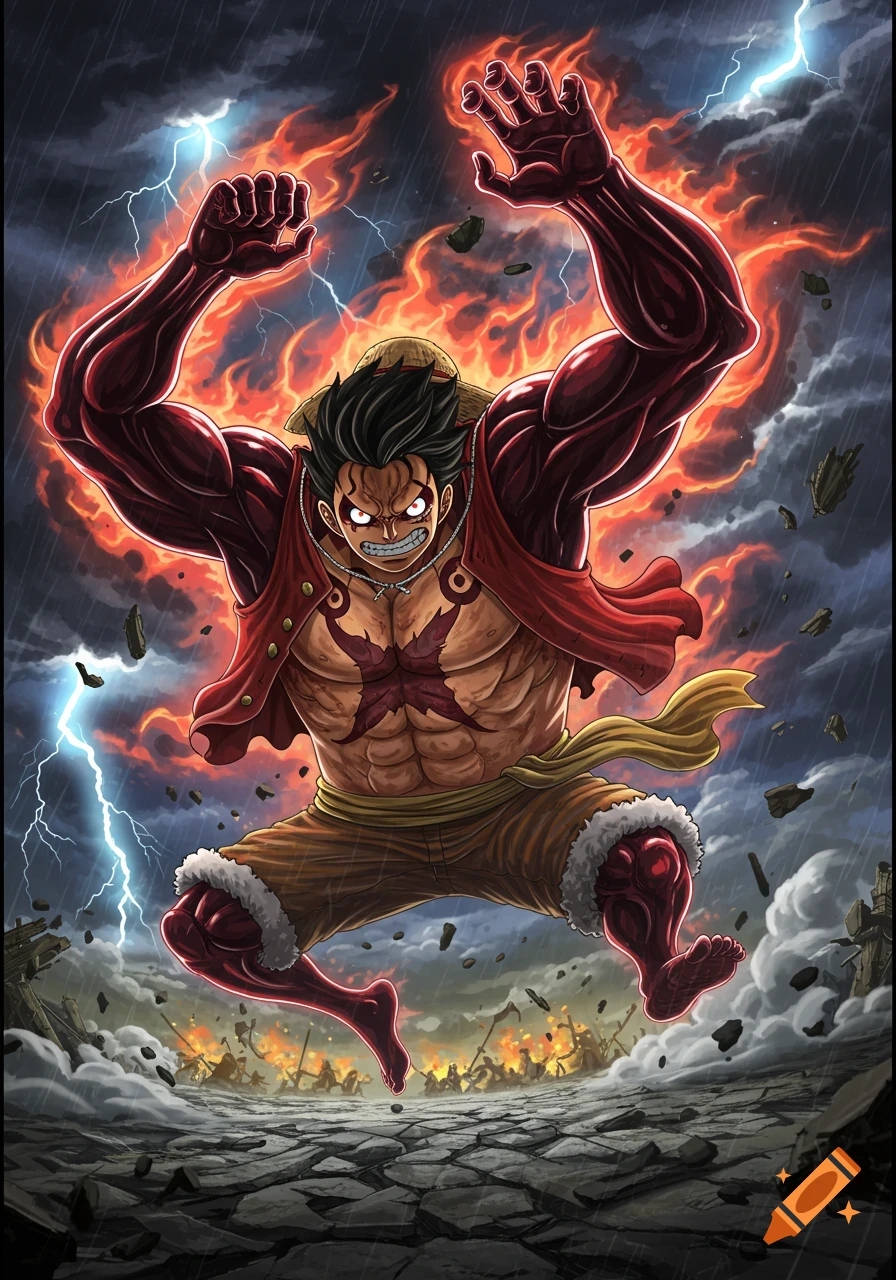 Luffy in Gear 4 Bounce Man form, surrounded by fire and lightning, leaping in a stormy battle, anime style.