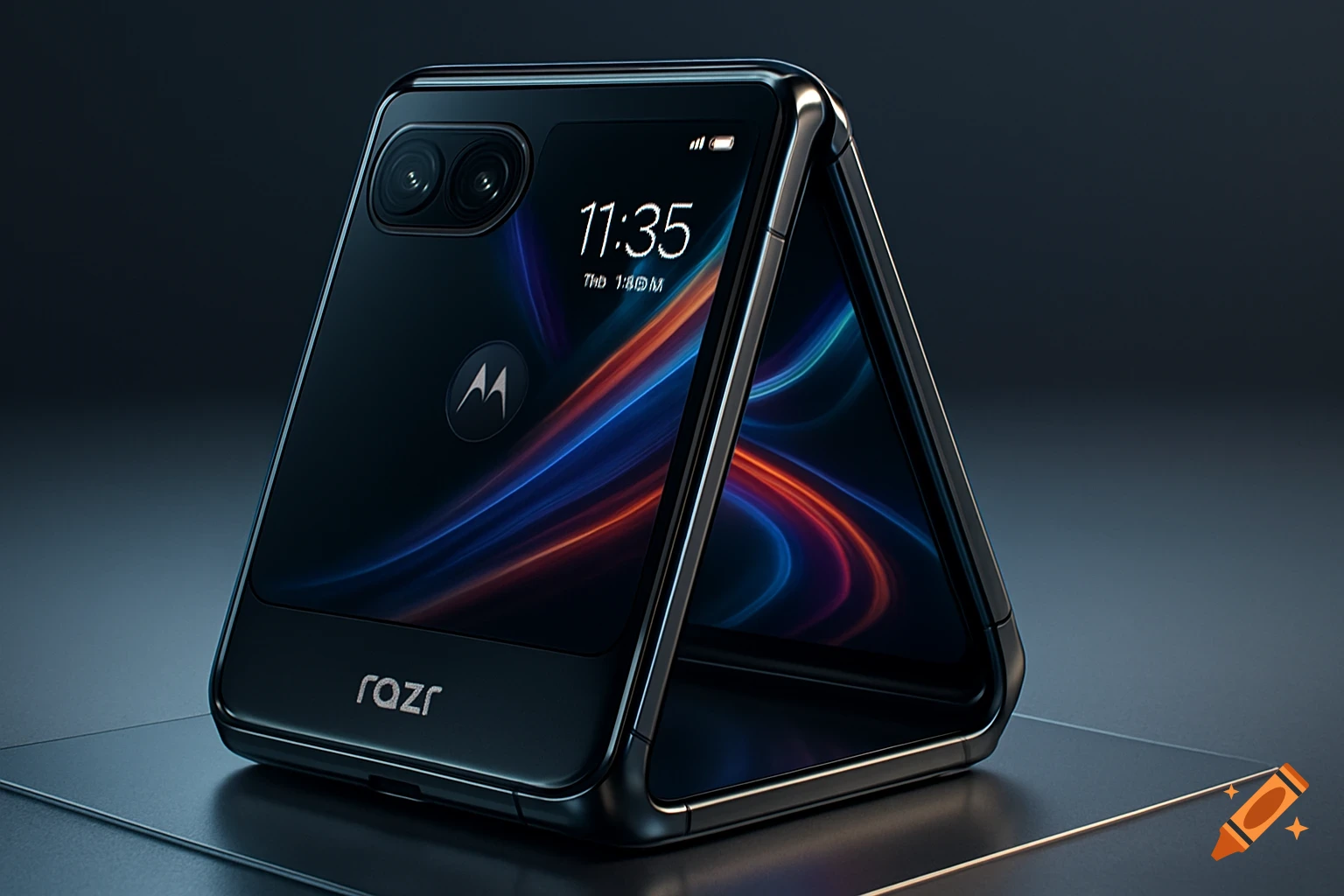 A black Motorola Razr 2022 foldable smartphone stands partly open on a dark surface, displaying a colorful abstract wallpaper on its screen.
